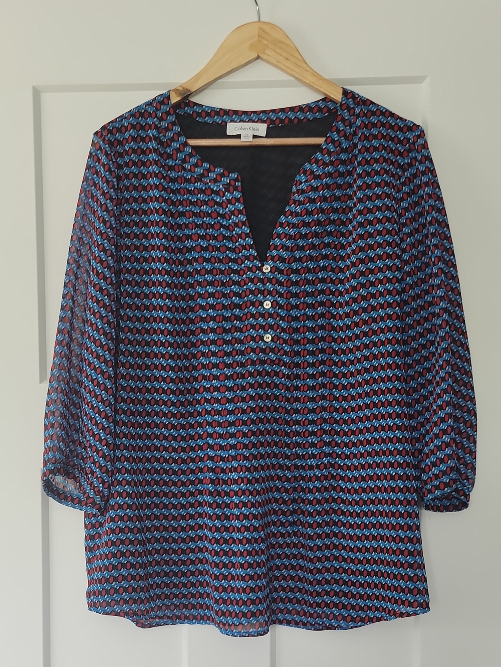 Calvin Klein Black, Blue & Red Geometric Print Blouse